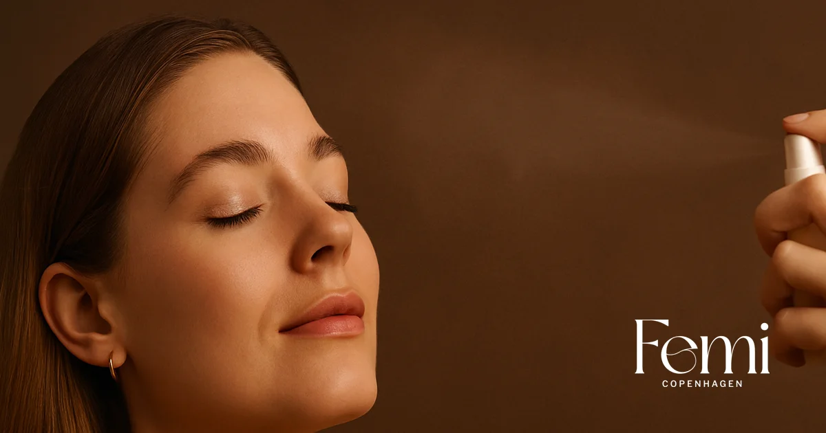 Kvinde demonstrerer korrekt brug af setting spray i varmt beauty-lys, med setting mist omkring ansigtet og neutral beige baggrund – guide til langtidsholdbar makeup