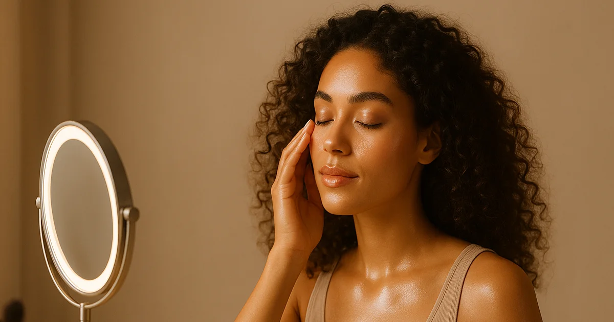 Kvinde med mørkt, krøllet hår og glødende hud foran makeup-spejl, der illustrerer makeup tips, beauty guides og inspiration til naturlig glød – Femi Copenhagen