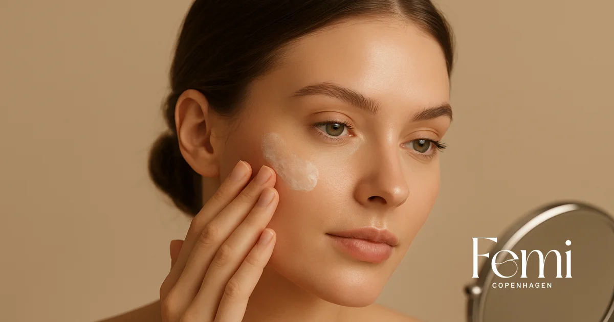 Kvinde forbereder huden med primer foran et håndspejl, i blødt beige lys og nordisk editorial stil – illustration af base-teknik til langtidsholdbar makeup.