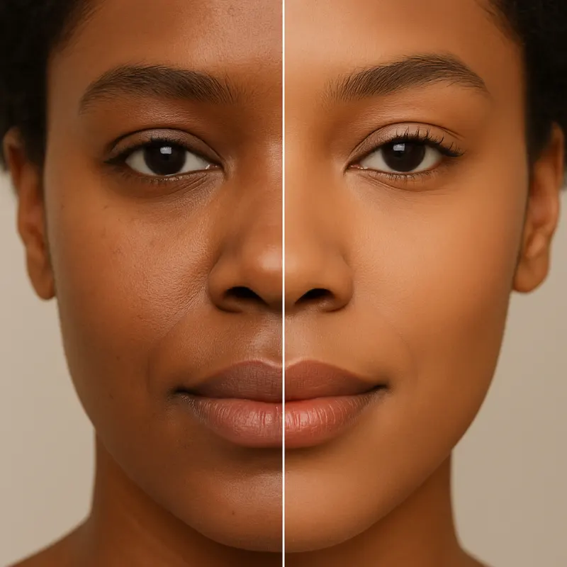 Sammenligning før og efter brug af The Base primer – synligt jævnere og mere ensartet hud