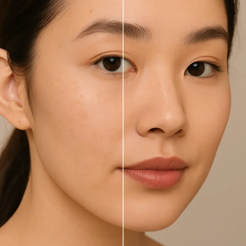 Før og efter påføring af The Base primer – viser primerens effekt på hudens tekstur og glathed